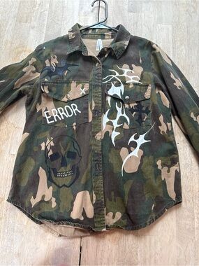 Upcycled Hand Painted Button-Down Shirt with White Skull & ERROR Graphic